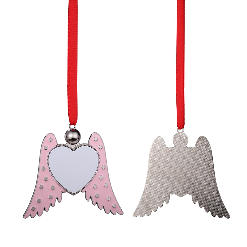 Sublimation Blank Metal Angel Wings Heart Christmas Ornaments (pink)