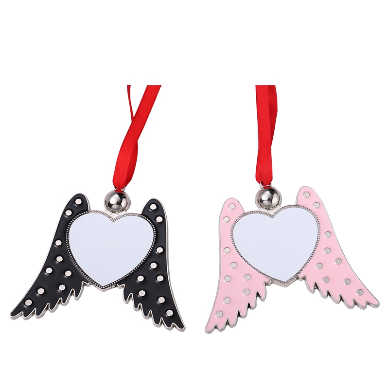 Sublimation Blank Metal Angel Wings Heart Christmas Ornaments (pink)