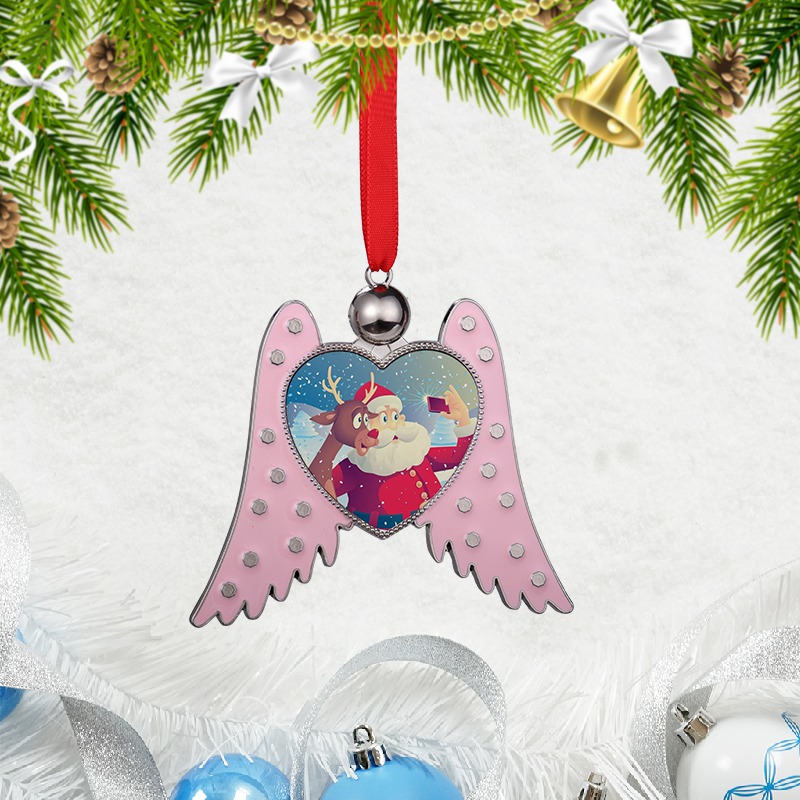 Sublimation Blank Metal Angel Wings Heart Christmas Ornaments (pink)