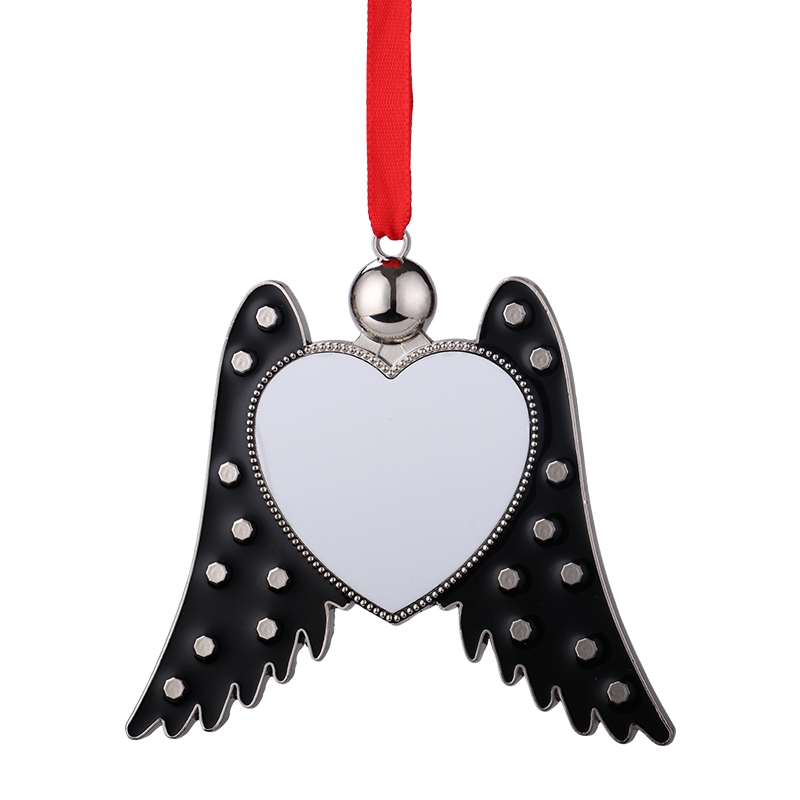 Sublimation Blank Metal Angel Wings Heart Christmas Ornaments (black)