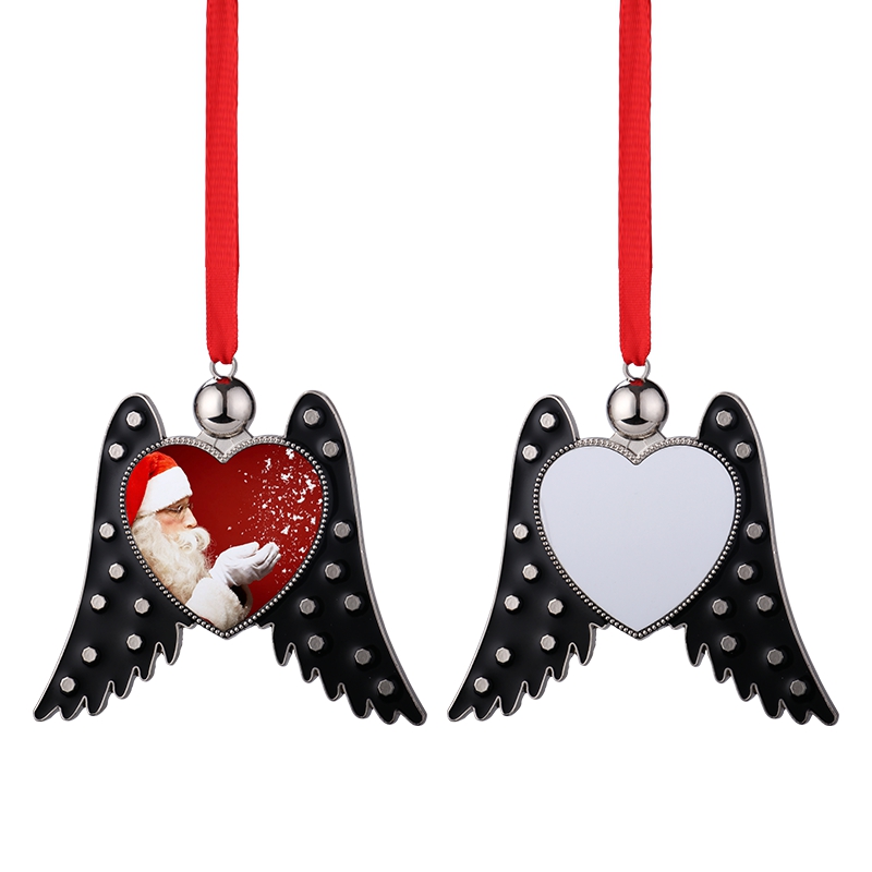 Sublimation Blank Metal Angel Wings Heart Christmas Ornaments (black)