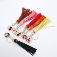 Sublimation Round Shape Tag Leather Rope Tassel Keychain (black)