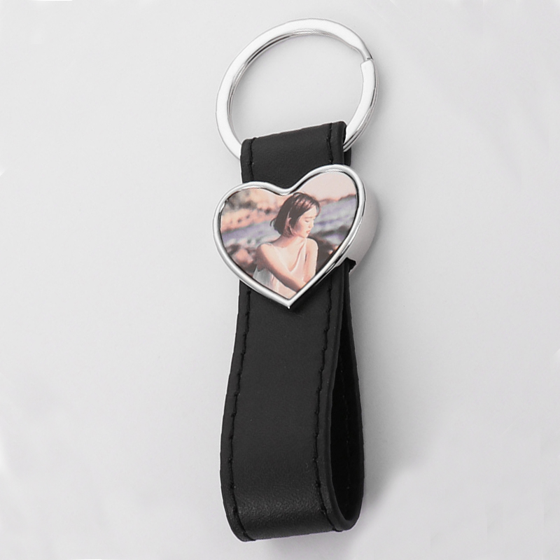 Sublimation Heart Shape Black Leather Keychain