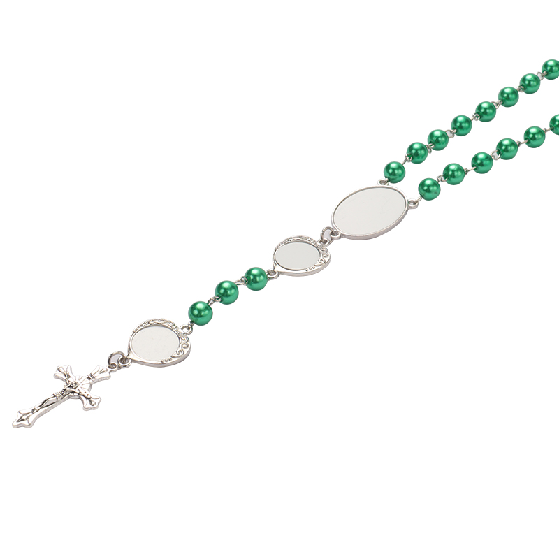 Sublimation colored rosary necklace -1 oval charm+6 heart charms（green）