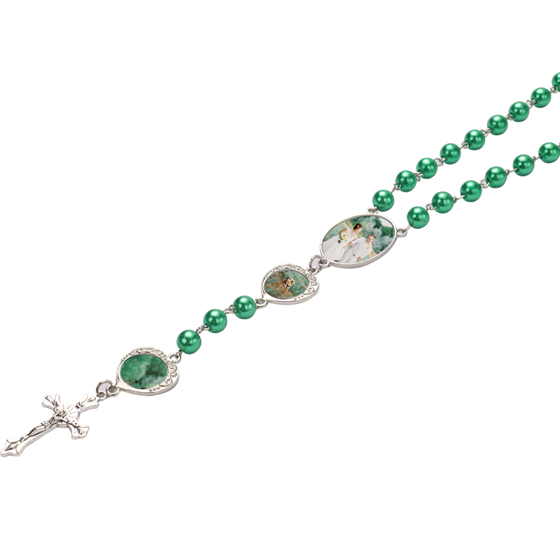 Sublimation colored rosary necklace -1 oval charm+6 heart charms（green）