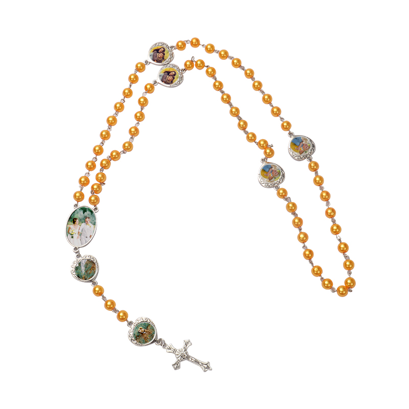 Sublimation colored rosary necklace -1 oval charm+6 heart charms（gold）