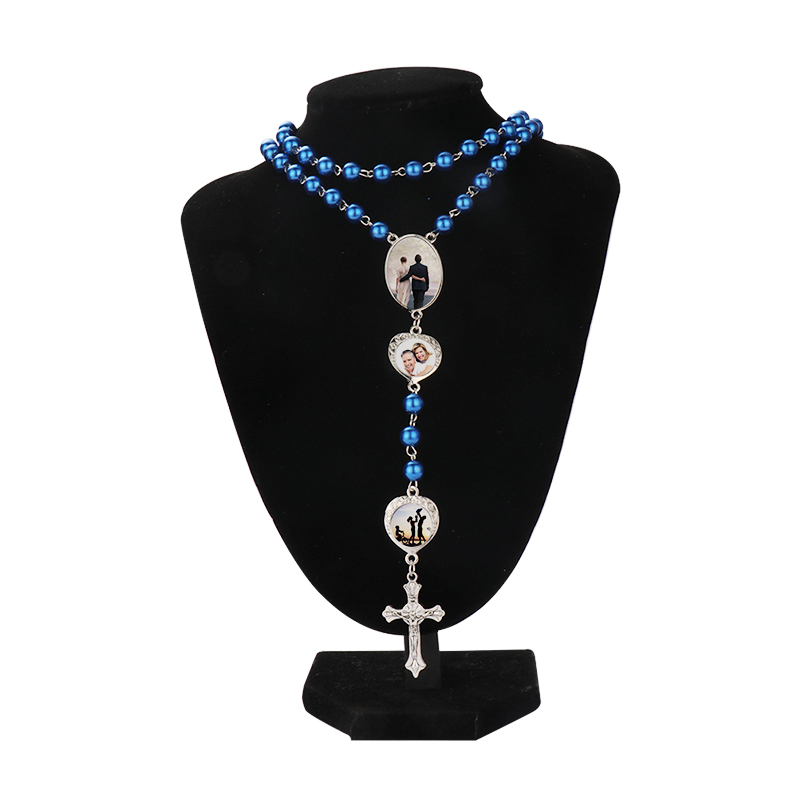 Sublimation colored rosary necklace -1 oval charm+6 heart charms（blue）