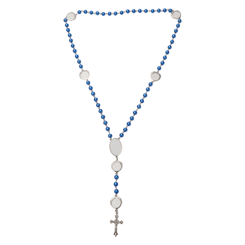 Sublimation colored rosary necklace -1 oval charm+6 heart charms（blue）