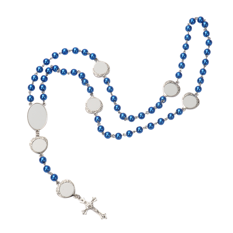 Sublimation colored rosary necklace -1 oval charm+6 heart charms（blue）