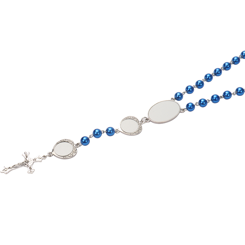 Sublimation colored rosary necklace -1 oval charm+6 heart charms（blue）