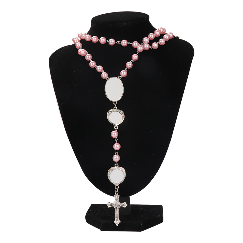 Sublimation colored rosary necklace -1 oval charm+6 heart charms（pink）