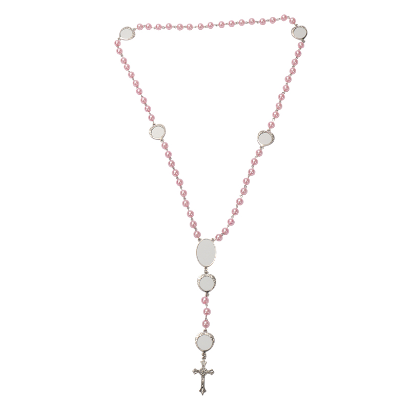 Sublimation colored rosary necklace -1 oval charm+6 heart charms（pink）