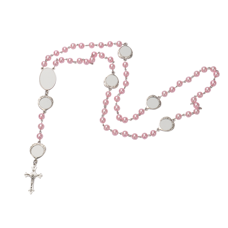 Sublimation colored rosary necklace -1 oval charm+6 heart charms（pink）