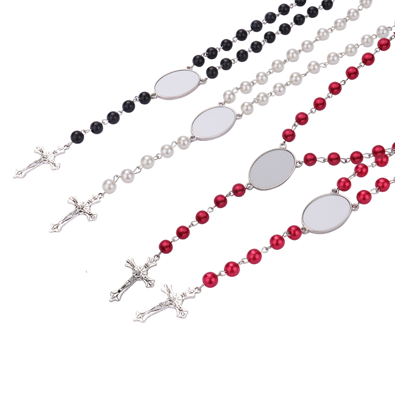 Sublimation colored rosary necklace-1 oval charm（black）