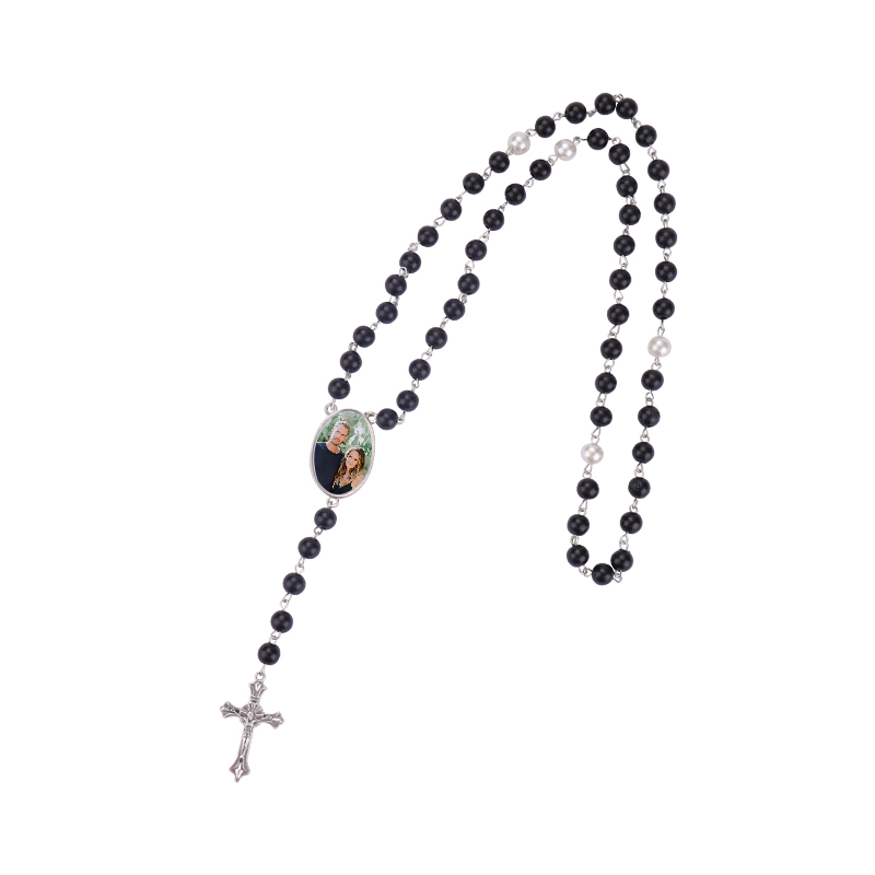 Sublimation colored rosary necklace-1 oval charm（black）