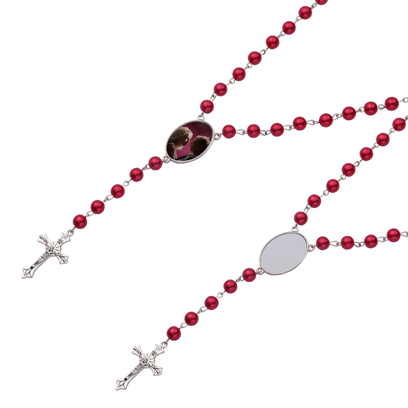 Sublimation colored rosary necklace-1 oval charm（red）