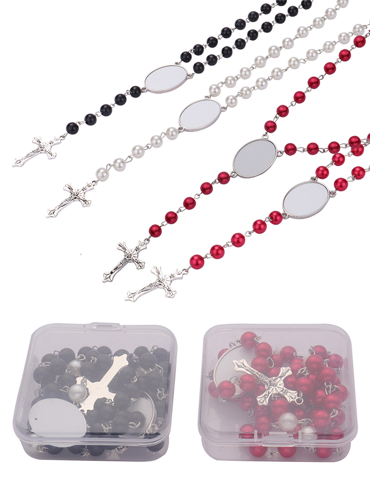 Sublimation colored rosary necklace-1 oval charm（red）