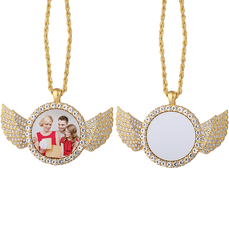 Angel wings Sublimation Blank Rhinestones Necklaces（gold）