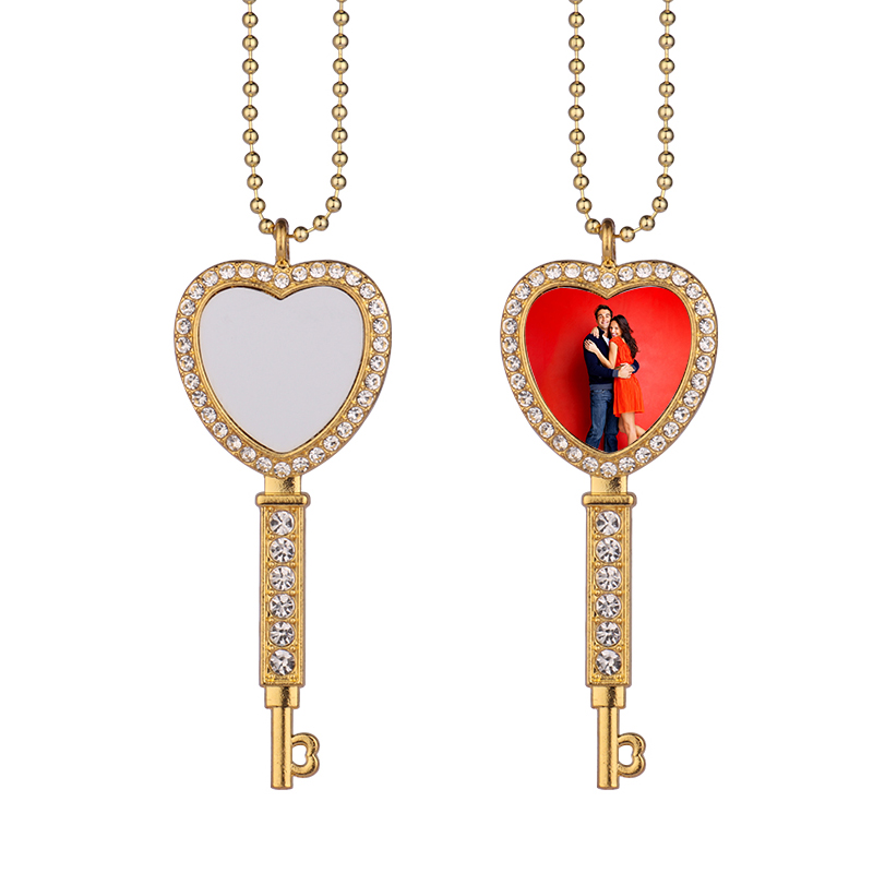 Sublimation Heart Shape  Rhinestone Key Necklace（gold）