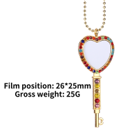 Sublimation Heart Shape Colourful Rhinestone Key Necklace（gold）