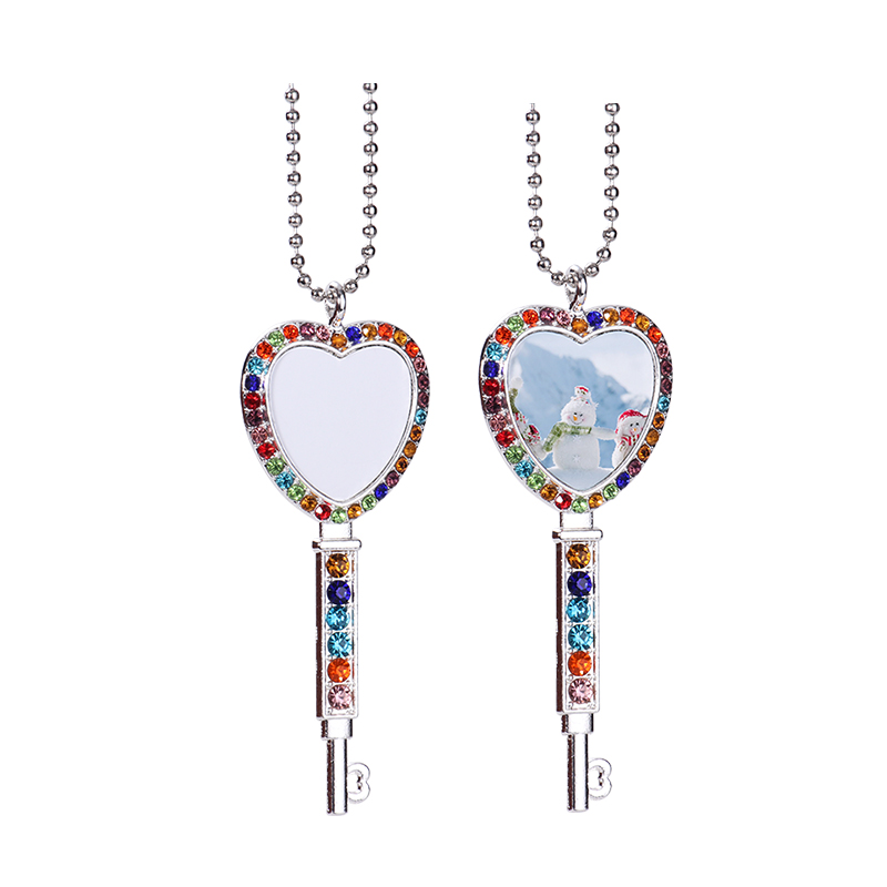 Sublimation Heart Shape Colourful Rhinestone Key Necklace（silver）