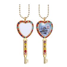 Sublimation Heart Shape Colourful Rhinestone Key Necklace（gold）