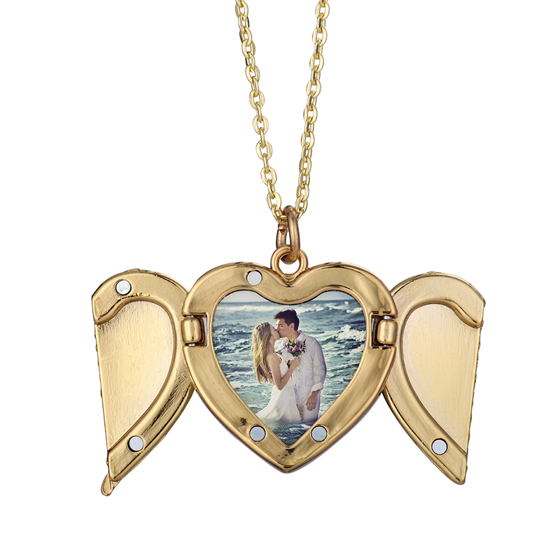 Sublimation Angel Wings Lockets Heart Necklace（gold）