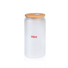 Sublimation frosted glass beer can  with bamboo lid & plastic straw-16oz