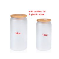 Sublimation frosted glass beer can  with bamboo lid & plastic straw-16oz