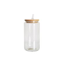 Sublimation clear glass beer can  with bamboo lid & plastic straw-12oz