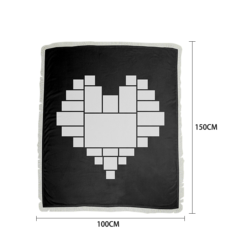 Sublimation Heart Panel Flannel Blankets With  White Tassel 100*150cm