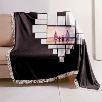 Sublimation Heart Panel Flannel Blankets With  White Tassel 100*125cm