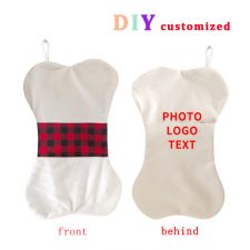 Sublimation Bone shape Linen Christmas Stocking with red plaid