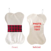 Sublimation Bone shape Linen Christmas Stocking with red plaid