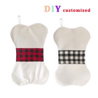 Sublimation Bone shape Linen Christmas Stocking with black plaid