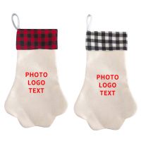 Sublimation Blank Dog paw shape Linen Christmas Stocking with black plaid