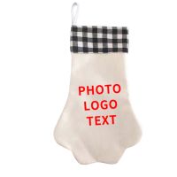 Sublimation Blank Dog paw shape Linen Christmas Stocking with black plaid