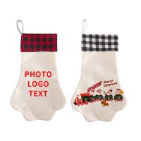 Sublimation Blank Dog paw shape Linen Christmas Stocking with black plaid