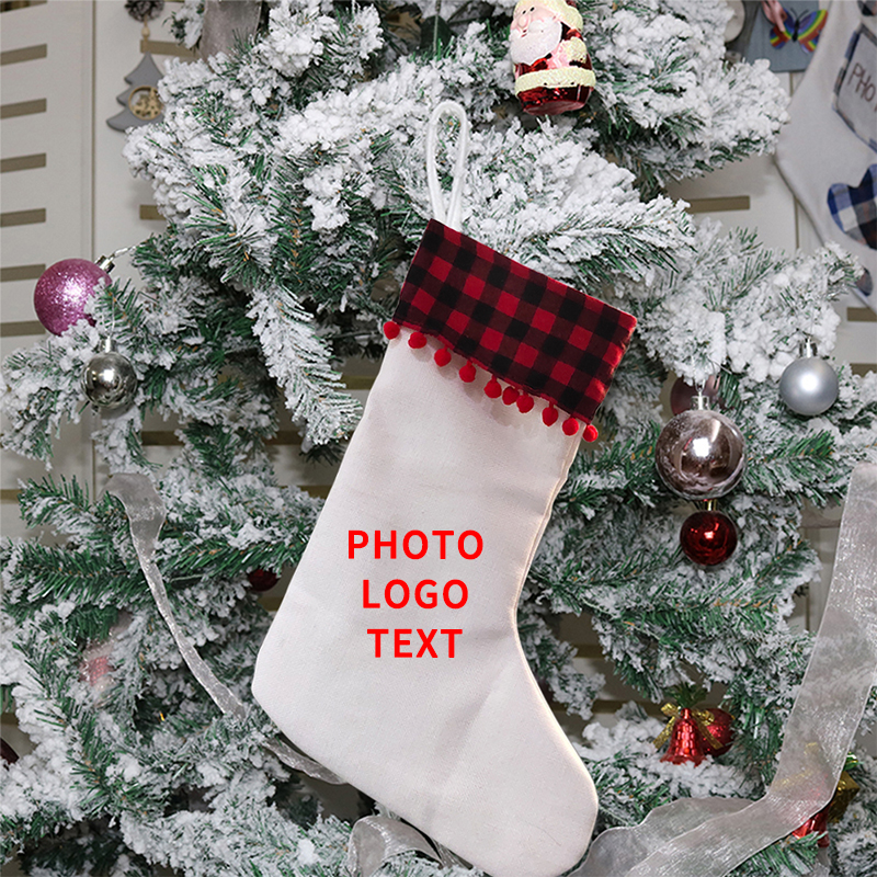 Sublimation Linen Christmas stockings with red plaid and ball trim