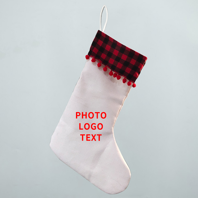 Sublimation Linen Christmas stockings with red plaid and ball trim