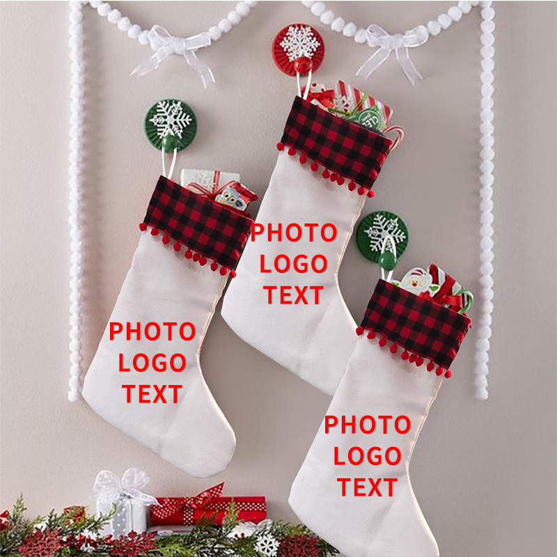 Sublimation Linen Christmas stockings with red plaid and ball trim