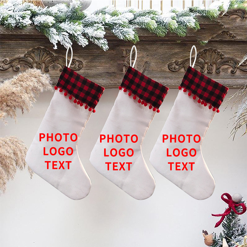 Sublimation Linen Christmas stockings with red plaid and ball trim