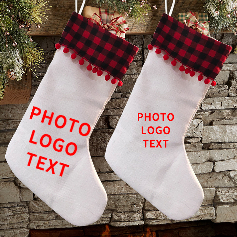 Sublimation Linen Christmas stockings with red plaid and ball trim