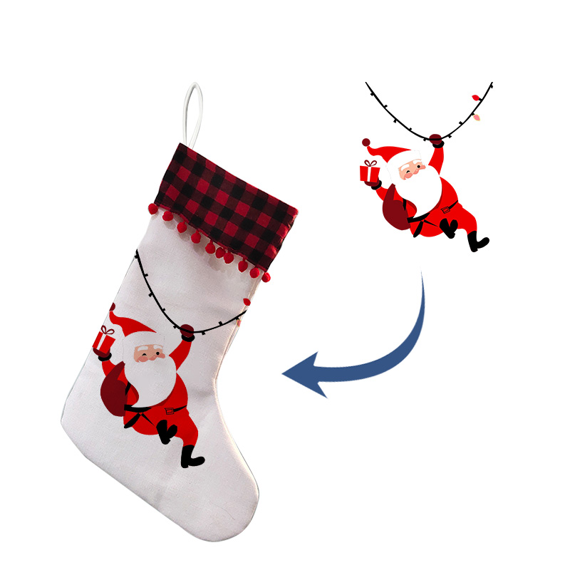 Sublimation Linen Christmas stockings with red plaid and ball trim