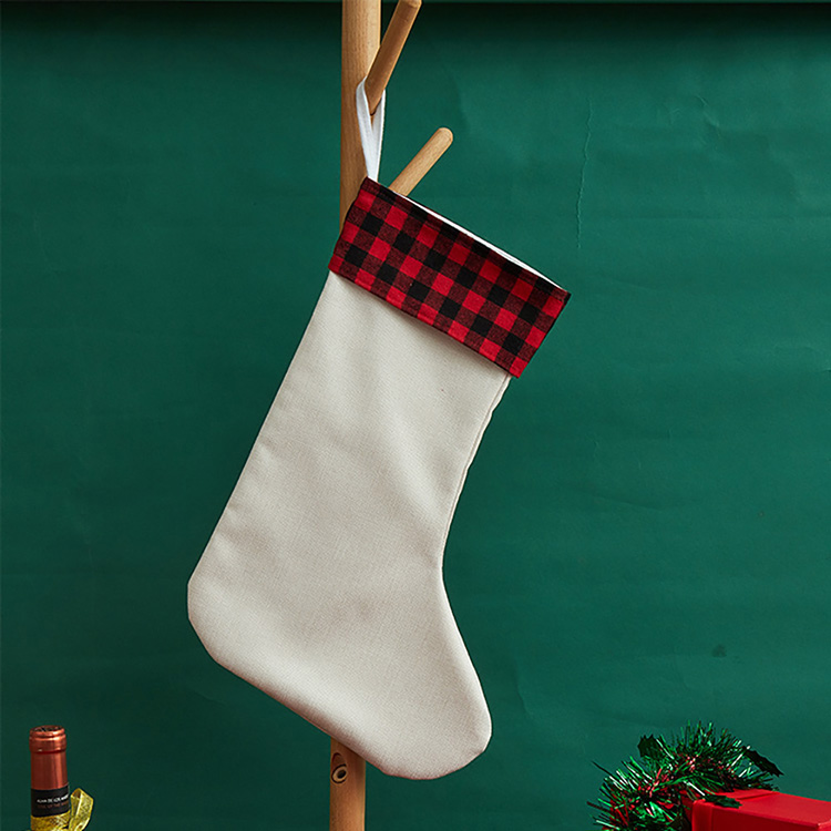 Sublimation Linen Christmas stockings with red plaid (20*43.5*30cm )