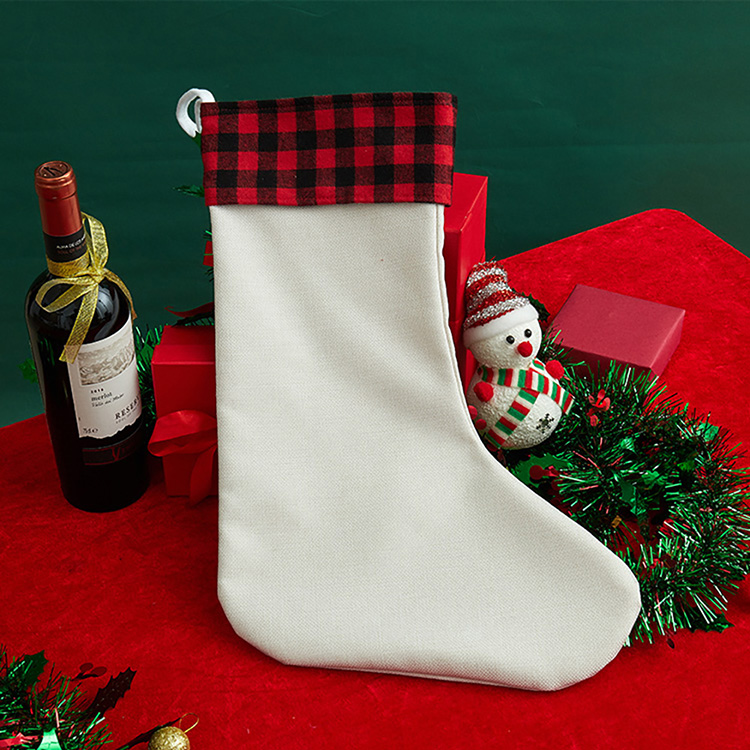 Sublimation Linen Christmas stockings with red plaid (20*43.5*30cm )