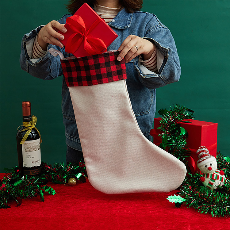 Sublimation Linen Christmas stockings with red plaid (20*43.5*30cm )