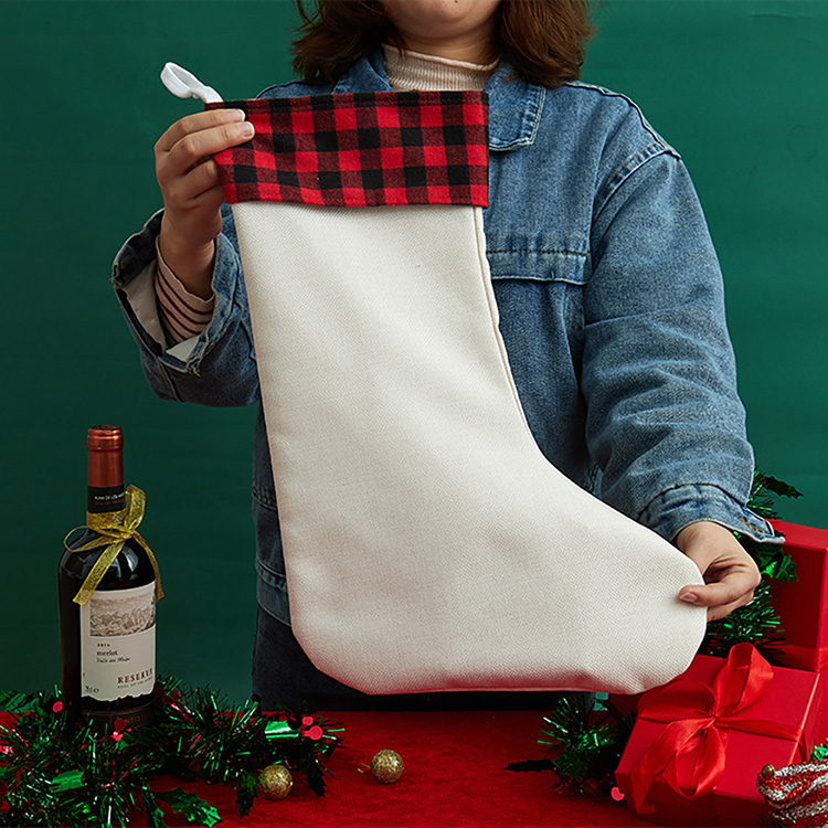 Sublimation Linen Christmas stockings with red plaid (20*43.5*30cm )