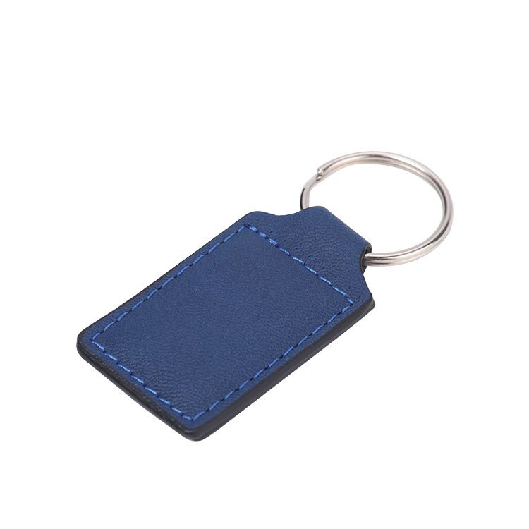 Laser blank square shape leather keychains-blue