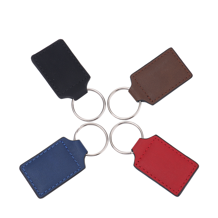 Laser blank square shape leather keychains-blue